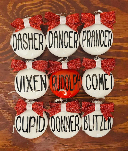 Reindeer Names Glass Ornaments - Set of 9